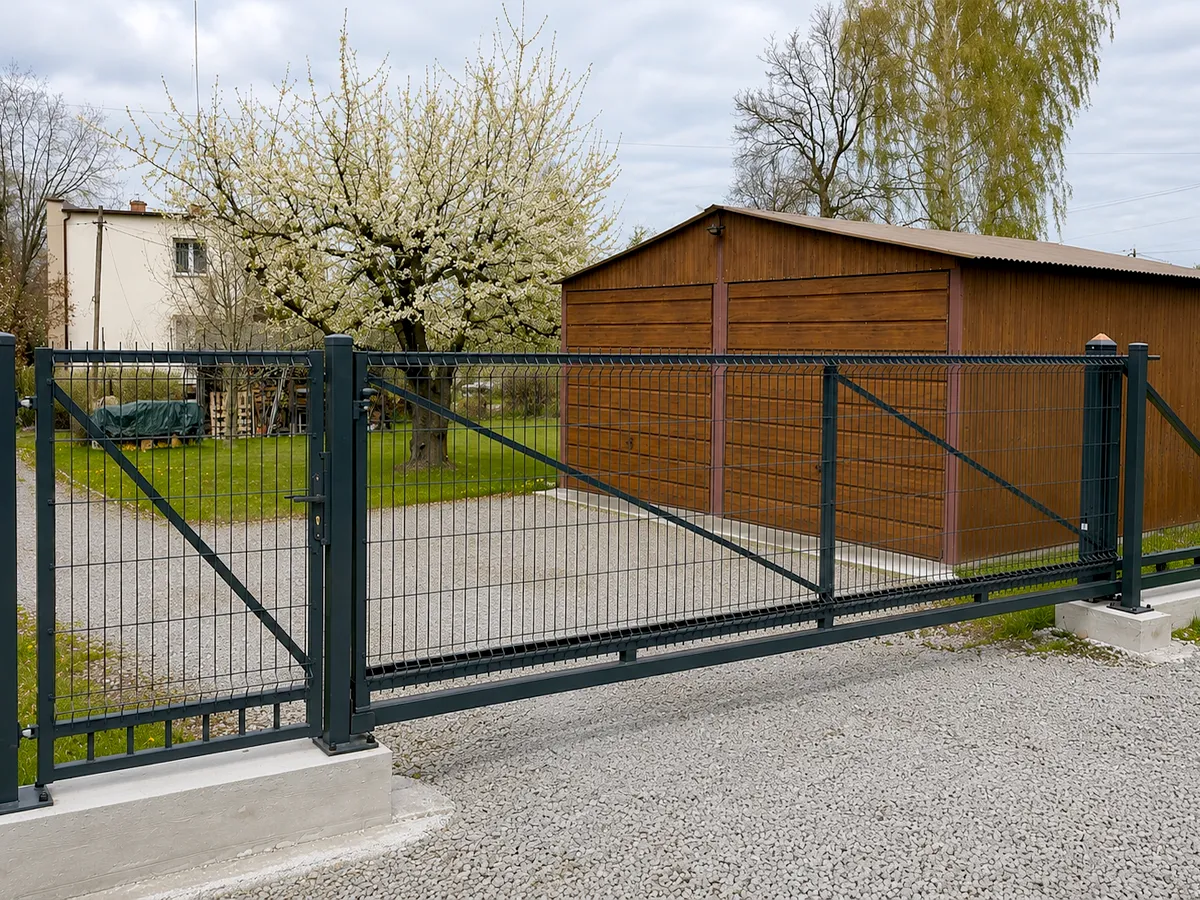 Brama przesuwna z wypełnieniem panelem 3D przy garażu