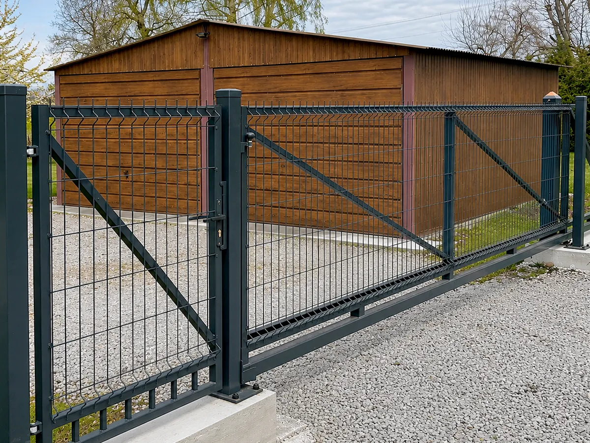 Stalowa brama przesuwna z panelem 3D i dopasowaną furtką